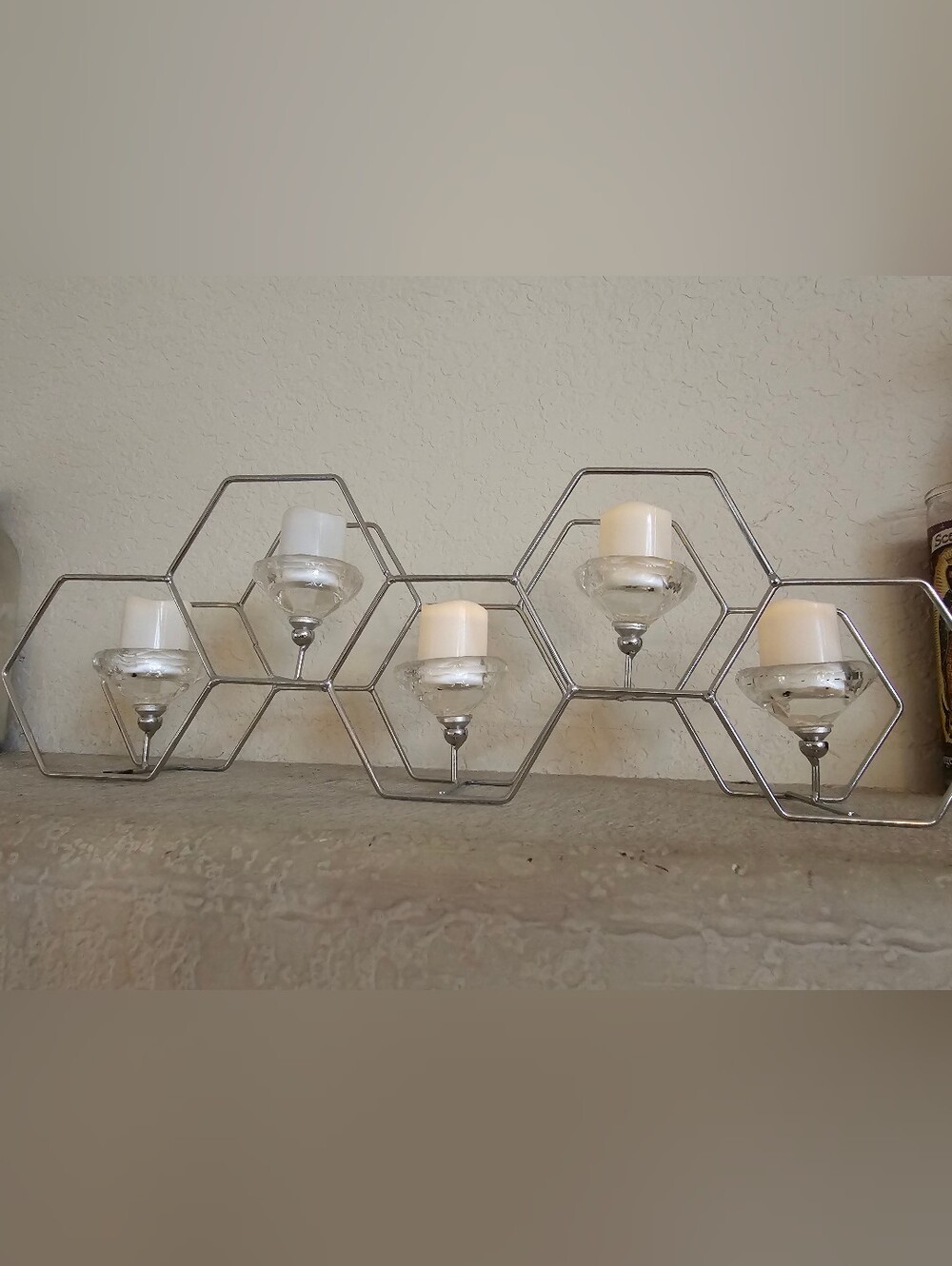 Modern Hexagon Silver Wall Candle Holder with White Candle Accents